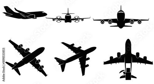 Collection of Airplane Silhouettes in Various Views.