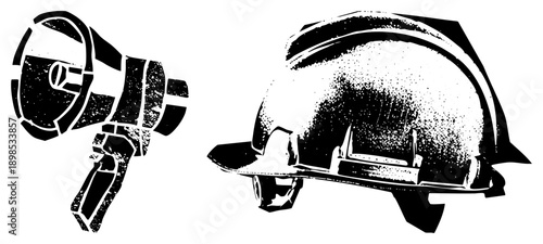 Construction safety set featuring megaphone and hard hat, halftone texture, worker communication tools, site safety gear, labor protest symbol.