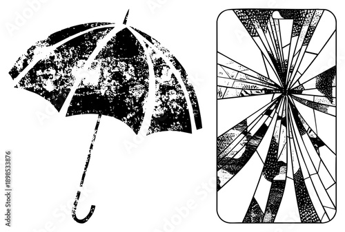 Retro umbrella with textured canopy and curved handle, paired with geometric stained glass panel, halftone shading, vector art, artistic composition.