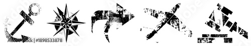 Weathered black with distressed texture anchor, compass rose, arrow, airplane, gavel. Vector symbols for design, UI, or branding with vintage aesthetic.