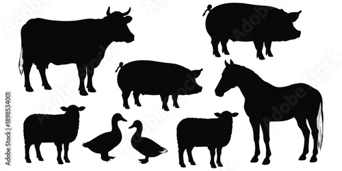 Black silhouettes of farm animals including cow pig sheep and ducks on a white background vector illustration