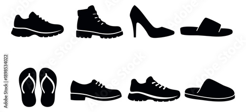 Modern silhouette footwear set featuring sneakers, boots, high heels, sandals, and slippers for fashion, lifestyle, and retail