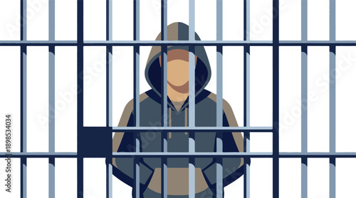 Illustration of a person in a hoodie behind prison bars, social issues