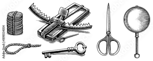 Classic engraved illustrations of a bear trap, ornate key, scissors, noose, and coin stack, rendered in detailed art with hatching shading.