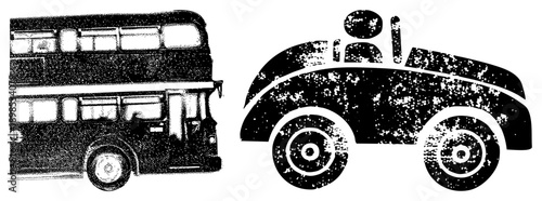 Retro transport rendered in gritty halftone, double decker bus and vintage car, stylized urban mobility, vector art, isolated transport symbols.