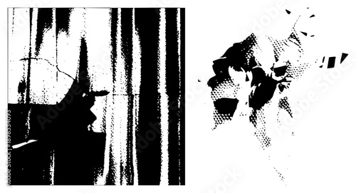 Stylized graphic with halftone dots and vertical stripes, abstract composition, fragmented shapes, high contrast vector art, isolated design element.