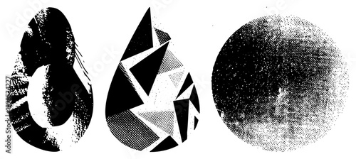 Three stylized teardrop shapes with halftone textures, geometric fragmentation, and stippled gradients, vector art, design, graphic elements.