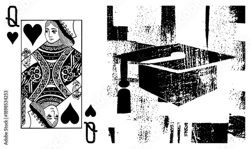 Vintage playing card queen holding scepter, ornate, paired with halftone graduation cap, symbolic academic achievement, isolated vector art.