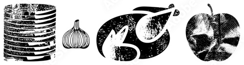 Graphic illustrations of stacked bread, garlic bulb, roasted chicken, and rendered in halftone texture, vector art, food set, culinary symbols, stylized food graphics.