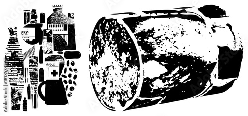 Graphic composition of medical bottles, pills, and syringes rendered in halftone, stylized vector art, isolated medical, clinical design elements.
