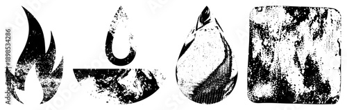 Four elemental flame, droplet, crystal, stone rendered in distressed black and white, symbolic of nature’s forces, ideal for mystical or environmental themes.