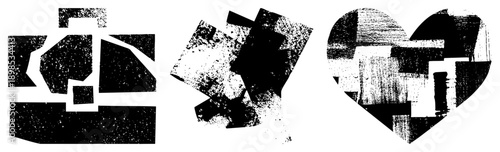 Fragmented black and white geometric forms with grainy texture, abstract composition, digital glitch art, vector cutout, stylized shapes, design.