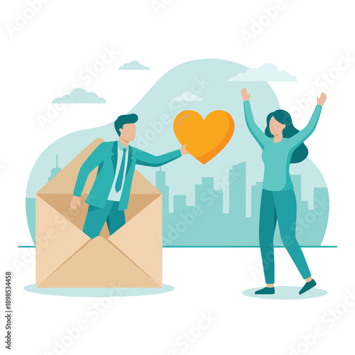 Conceptual illustration of man sending heart from envelope to woman