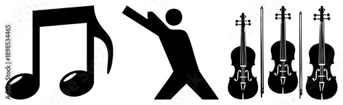 Musical symbols and instruments in silhouette, conductor directing, violin trio, classical music, black vector art, performance art.