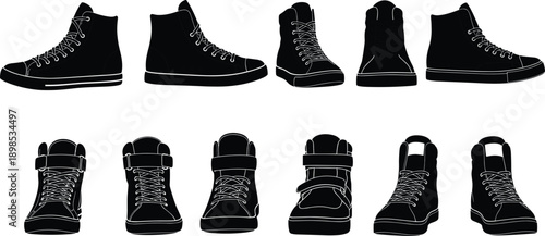 Collection Of Black Silhouette High Top Sneakers From Different Angles Keywords: sneakers, high top, shoes, footwear, silhouette