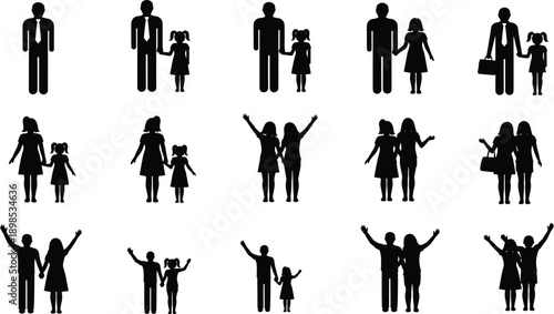 Collection of Black Silhouettes of Families and Individuals Keywords: silhouette, family, people, individual, man, woman, girl