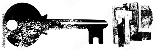 Antique style key with weathered grain texture, paired with abstract geometric blocks, vector art, isolated graphic elements.