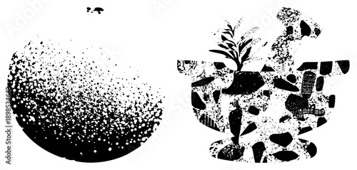 Stylized halftone plant growing from fragmented earth, paired with a speckled sphere, vector graphic, isolated elements, artistic composition, design.