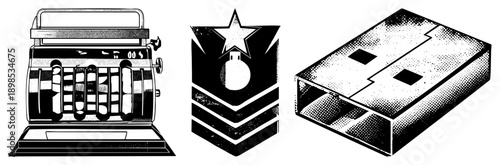 Retro mechanical cash register, military star insignia, USB flash drive all vector graphics with halftone shading, isolated elements for design use.