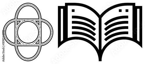 Open book with curved text, interlocking circle, educational symbol, study resource, learning tool, academic emblem.