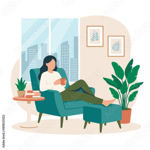 Woman relaxing in armchair with hot drink, enjoying a cozy moment at home
