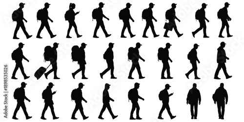 Diverse group of people walking with backpacks and luggage on white background Keywords: walking, people, silhouette, backpack