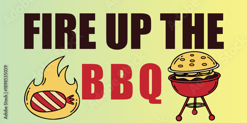 Fire up bbq text with burger and flame, green yellow background, summer celebration