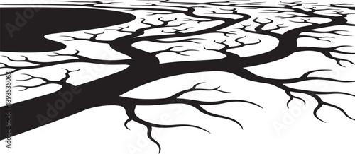 Black tree branches on white background with stark contrast