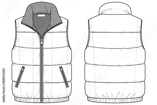 Fashion Flat Sketch of a Puffer Vest Front and Back Views Keywords: fashion sketch, flat sketch, clothing design, apparel