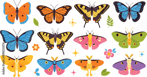 Collection of colorful butterfly and moth vector illustrations with flat design style, featuring various species, wings, flowers, and leaves on white background.