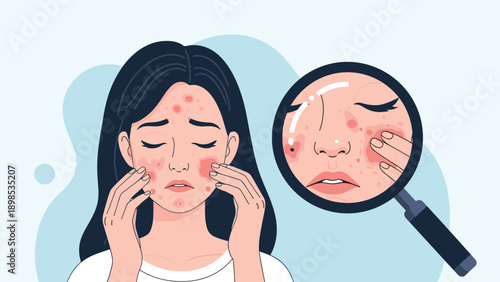 Sad woman looking at her acne prone skin through magnifying glass while feeling insecure about facial blemishes and spots.