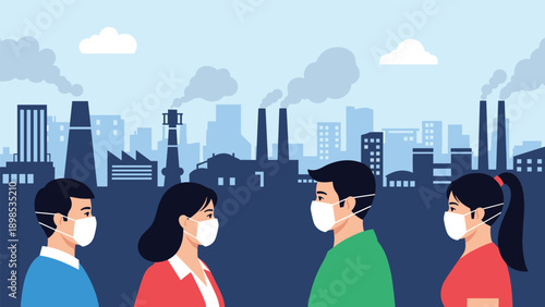 Group of people wearing protective face masks against air pollution from industrial factory chimneys in the background.