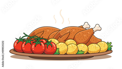 Delicious roasted whole chicken served on a platter with golden baked potatoes and fresh red tomatoes for dinner.