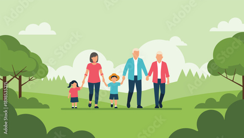 Happy family consisting of parents and two children walking together in green park during beautiful sunny day outdoors.