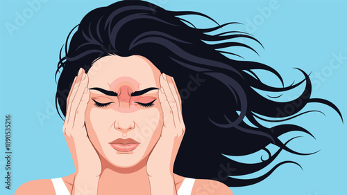 Close up of woman suffering from intense headache with hair blowing and expression of deep pain and physical stress.