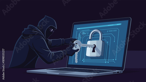 Cyber criminal hacker in dark hoodie using physical keys to unlock and steal data from a laptop computer screen.