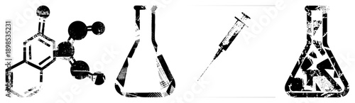 Chemistry lab tools including molecular diagram, conical flasks, syringe, and beaker with abstract, vector flat design for science education or medical apps.