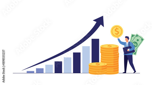 Successful businessman standing next to rising financial bar chart and holding large gold coins representing wealth.
