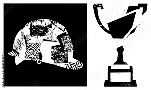 Graphic of safety helmet and victory trophy, distressed halftone style, vector cutout, isolated symbols for achievement or safety recognition.