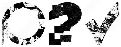 Bold black symbols featuring distressed texture, question mark and checkmark, graphic design elements, vector, decision making visuals, confirmation marks.