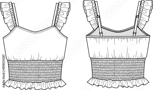 Fashion flat sketch of a women's cropped smocked tank top front and back views drawing technical