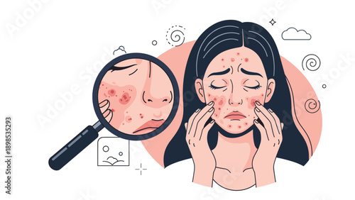 Concerned woman examining acne and skin blemishes on her face using magnifying glass to show dermatological issues.