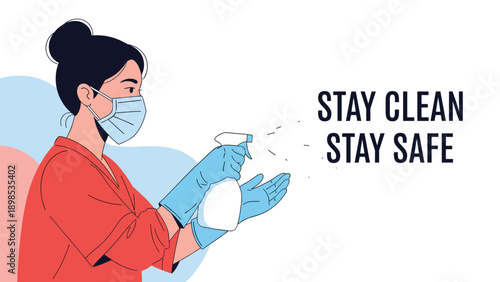 Woman wearing a protective medical mask and blue gloves using a sanitizing spray to maintain hygiene and safety standards.