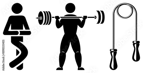 Black silhouette of exercise routines sit up, barbell lift, jump rope, gym workout, fitness training, bodyweight exercise, health and wellness.