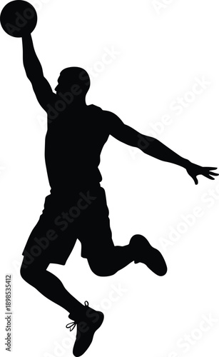Basketball silhouette of athlete performing slam dunk, dynamic motion, sports action, athleticism, fitness, competition, recreation