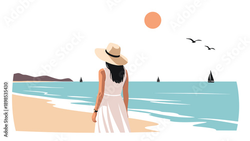 Elegant woman in a white dress and wide-brimmed hat standing on a beach and looking at sailboats on the calm ocean.