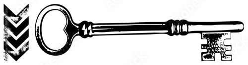 Ornate old fashioned key with worn texture, decorative border, classic lock mechanism, historical artifact, black and white vector illustration.