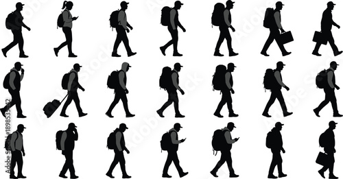 Silhouette set of travelers with backpacks and luggage walking and using phones backpacker suitcase