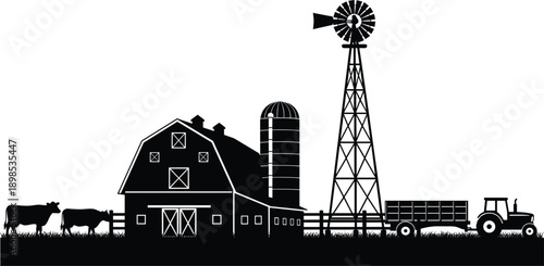 Silhouette of a farm scene with barn windmill tractor and cows on a white background vector illustration