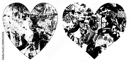 Two stylized heart forms filled with fragmented textures, collage, graphic art, vector illustration, artistic composition.